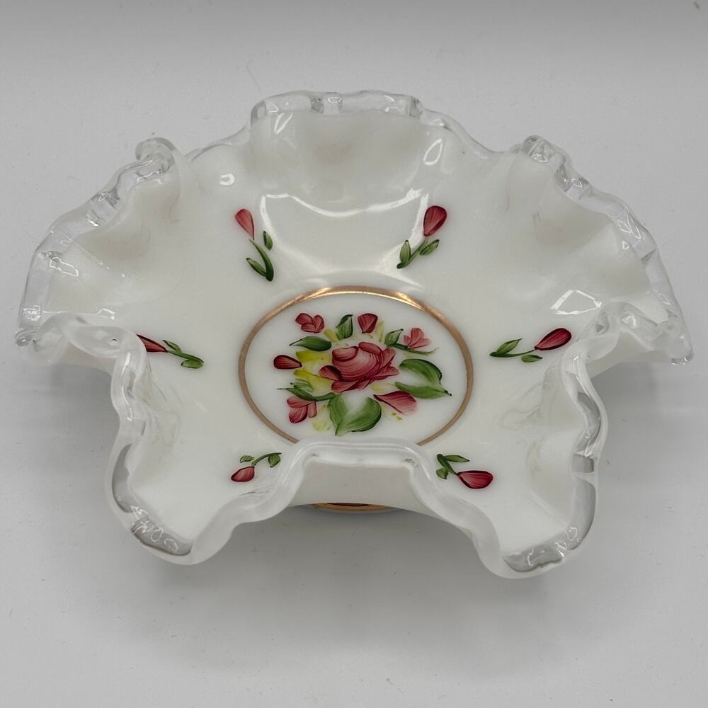 Vintage Fenton Milk Glass Clear Crest 6" Ash Tray Trinket Dish Hand Painted Rose